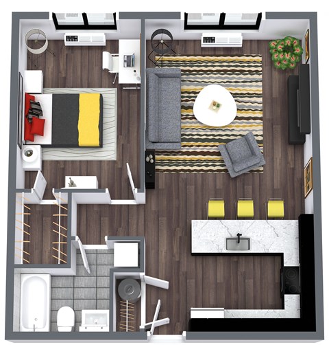 Floor plan for 1 bed, 1 bath, 660 sqft